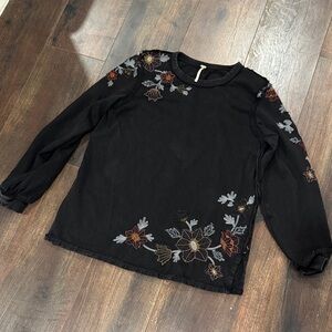 Free People Black Top with Floral Embroidery